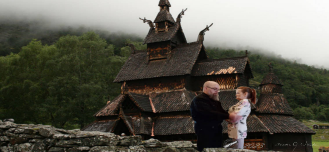 Illustration of Aaron & Tina in front of a Norwegian Stave Church